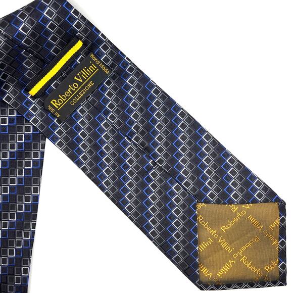 Roberto Villini - Men's Tie -Silk Foulard Geometric Necktie -Black Blue 60" Long - Picture 2 of 5